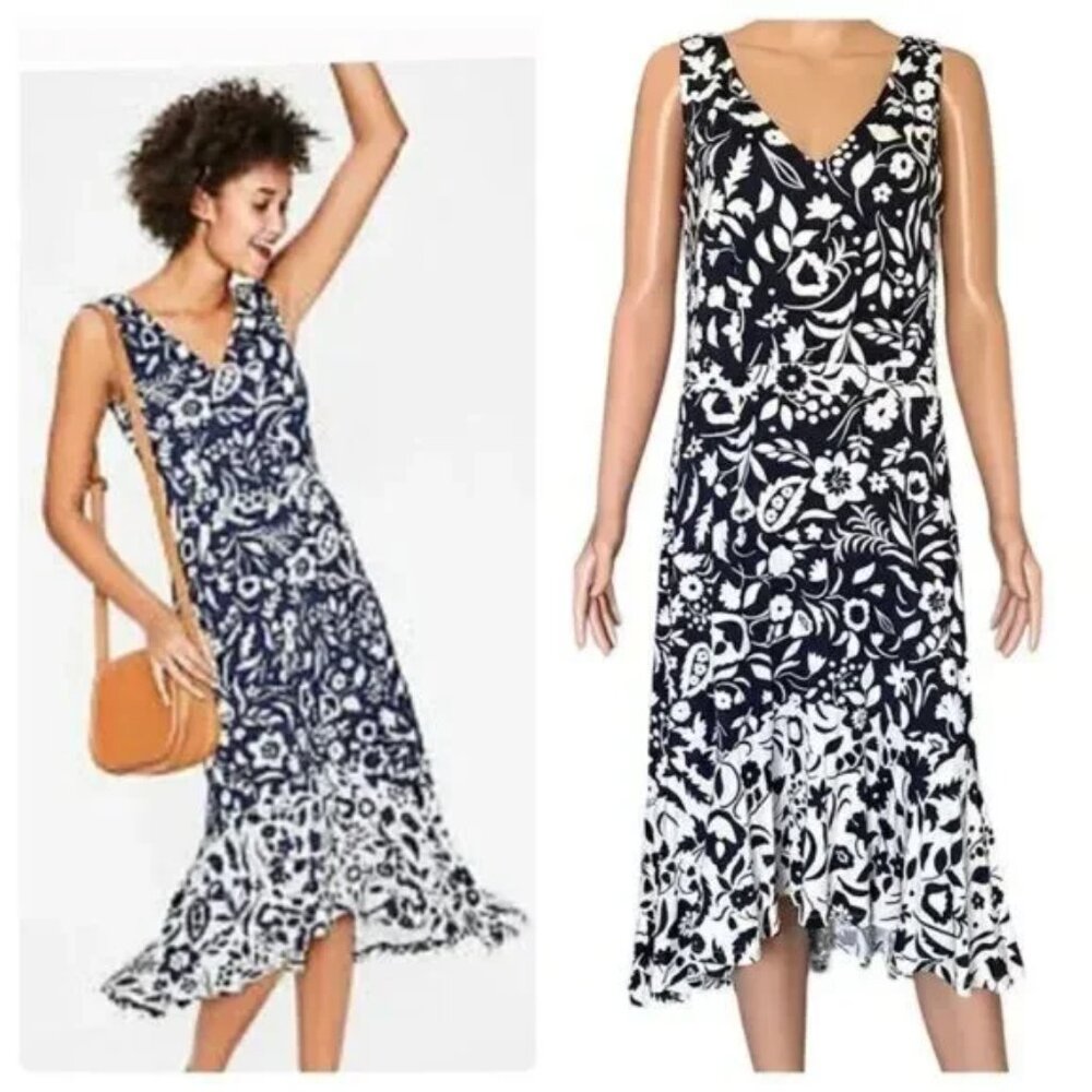 Boden Elisa Navy & White Floral Ruffle Hem Jersey Dress
